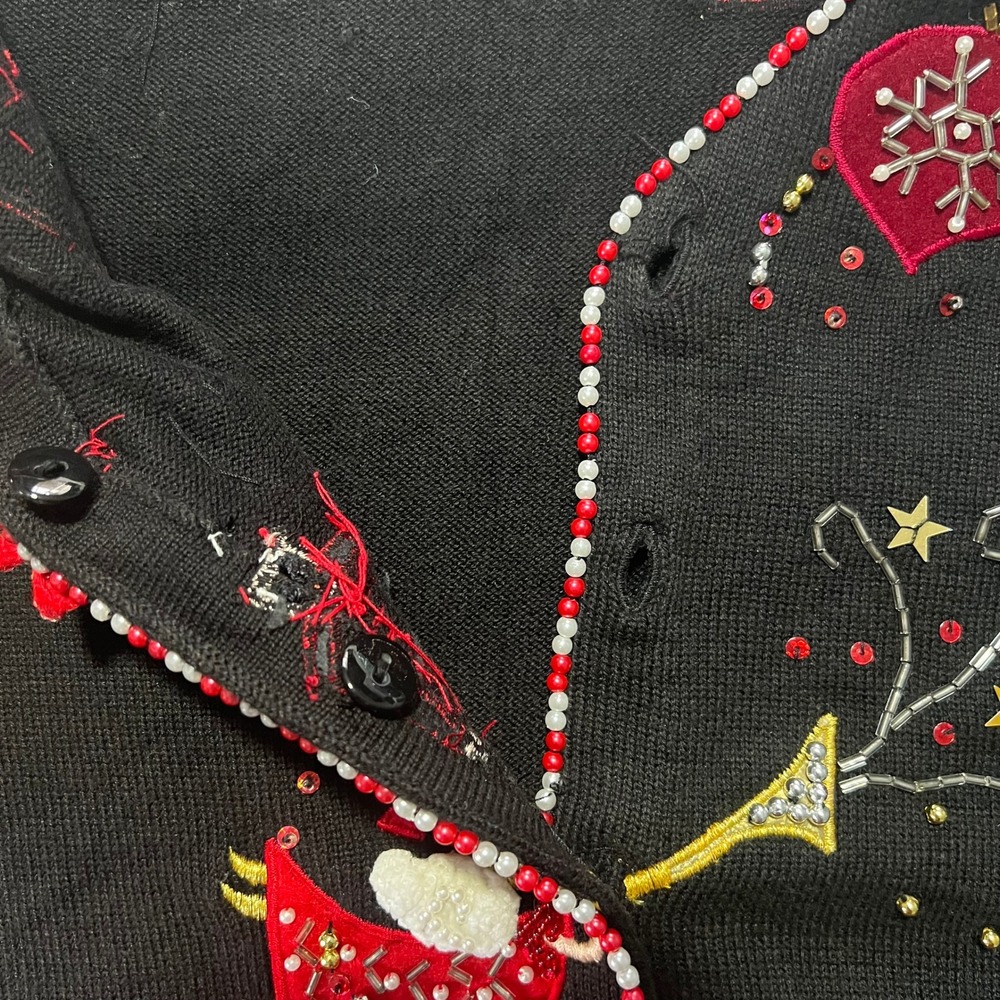 Just B Black Beaded Christmas Cardigan Sweater Large ugly holiday festive kitsch - Picture 10 of 16